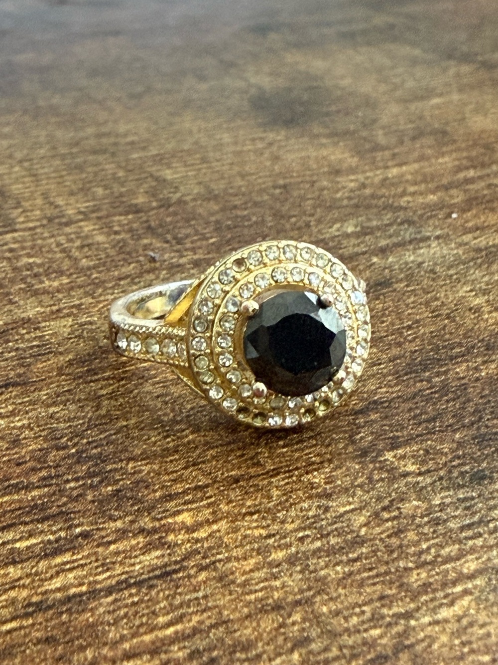 Gold-Tone Halo Ring with Black Center Stone and Crystal Accents